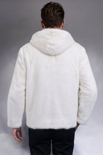 White Thick Hooded Faux Fur Men's Coat